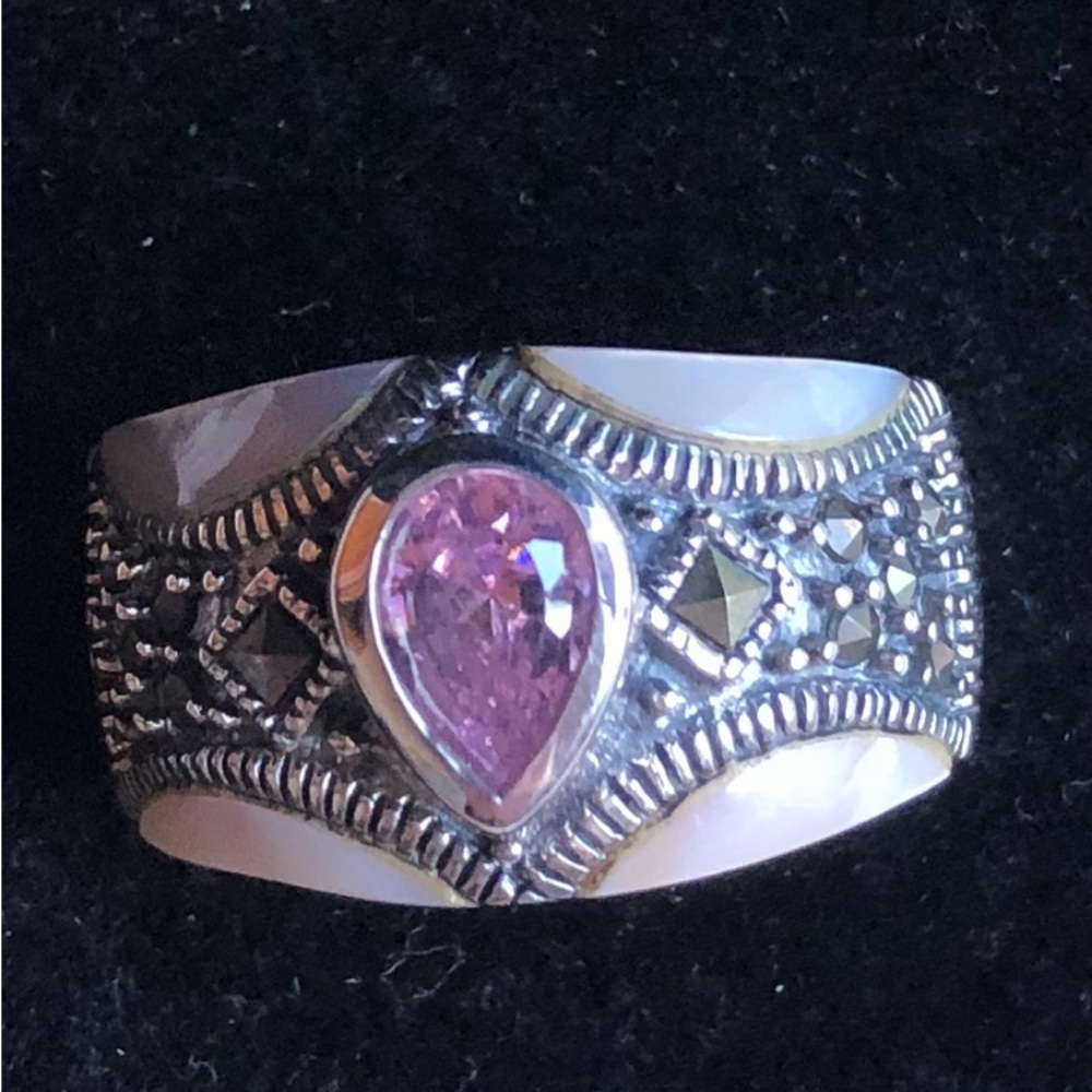 Marcasite Sterling Silver Pink Stone Band Ring